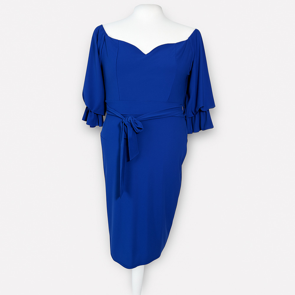 Vtg Royal Blue Sheath Dress Size‎ 2X Layered Bell Sleeves Body Skimming Stretchy